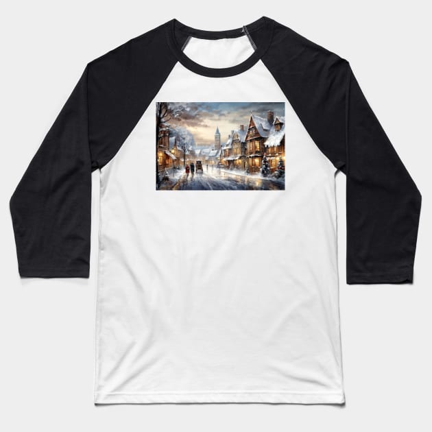 Oil Painting of a Victorian Village at Christmas - Landscape Baseball T-Shirt by jecphotography